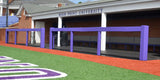 Purple square rail padding on a sports field in front of a brick dugout.