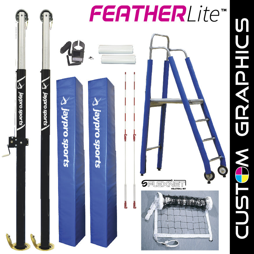 FeatherLite Volleyball System Deluxe Package with Custom Graphics (3 in. Floor Sleeve) - NFHS, NCAA, USVBA Compliant