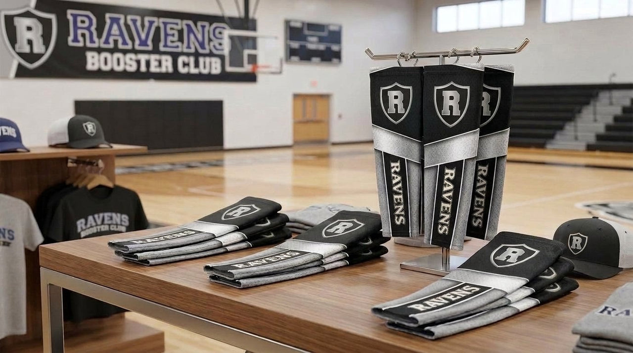Ravens booster club table selling black and silver custom arm sleeves
