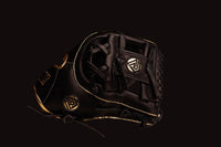 Thumbnail for Black baseball glove with gold trim and logos on a dark background.