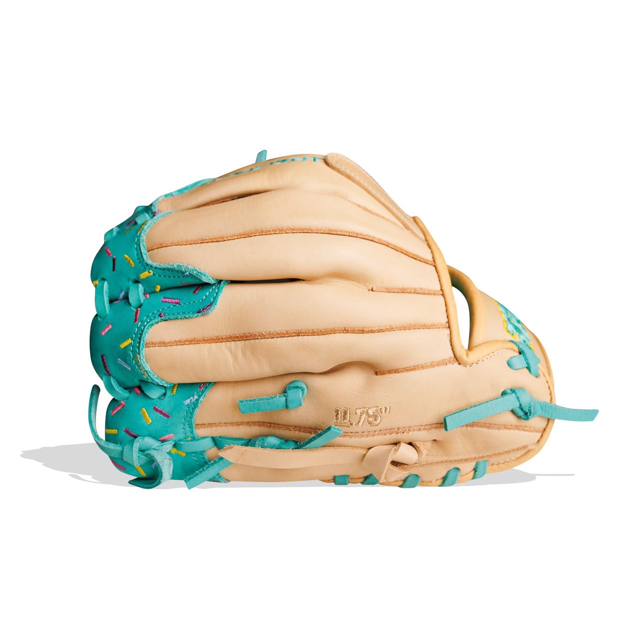 Tan baseball glove with teal accents and colorful sprinkles.