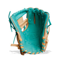 Thumbnail for Teal and tan baseball glove with a bull logo embossed on the palm.