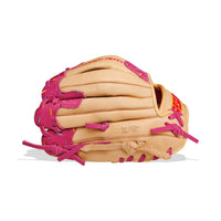 Thumbnail for Tan baseball glove with pink trim resembling strawberry drip and sprinkles.