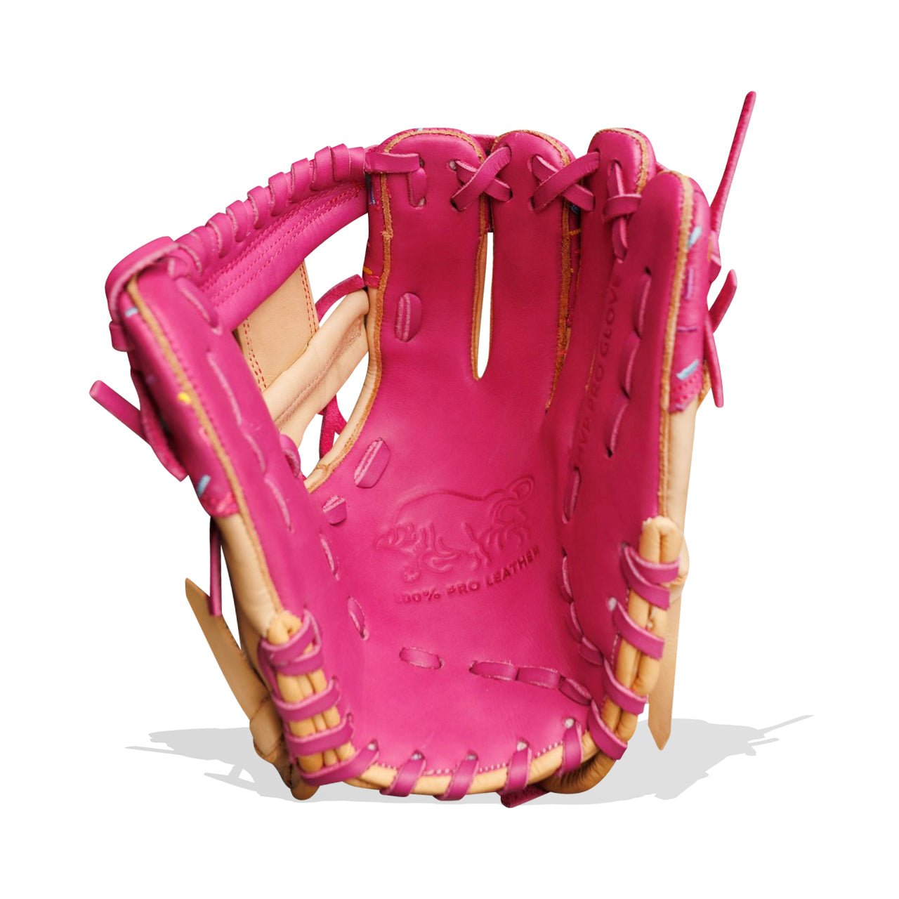 Pink and tan baseball glove with a bull logo and "100% PRO LEATHER" embossed on the palm.