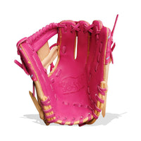 Thumbnail for Pink and tan baseball glove with a bull logo and 