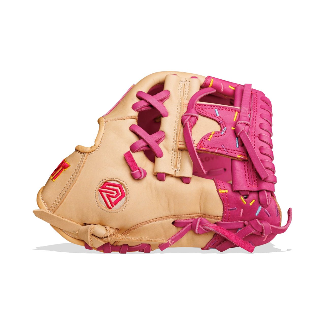 Tan and pink baseball glove with colorful sprinkles and "Relic" logo.