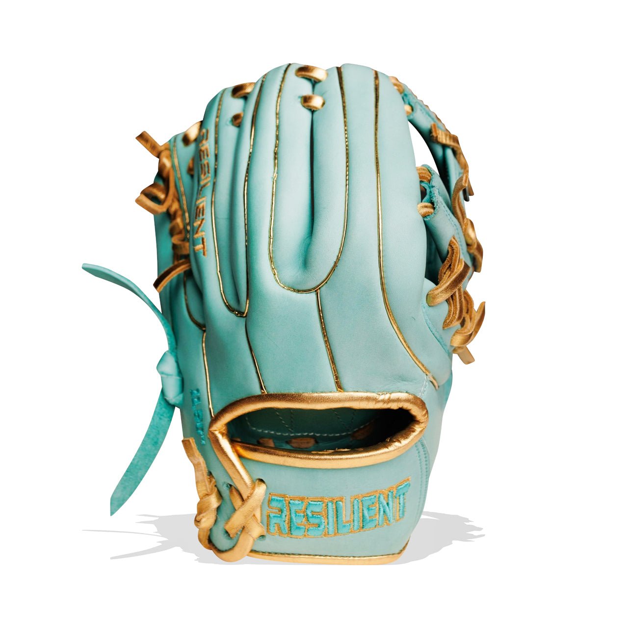 Mint and gold baseball glove with "RESILIENT" embroidered on the wrist.