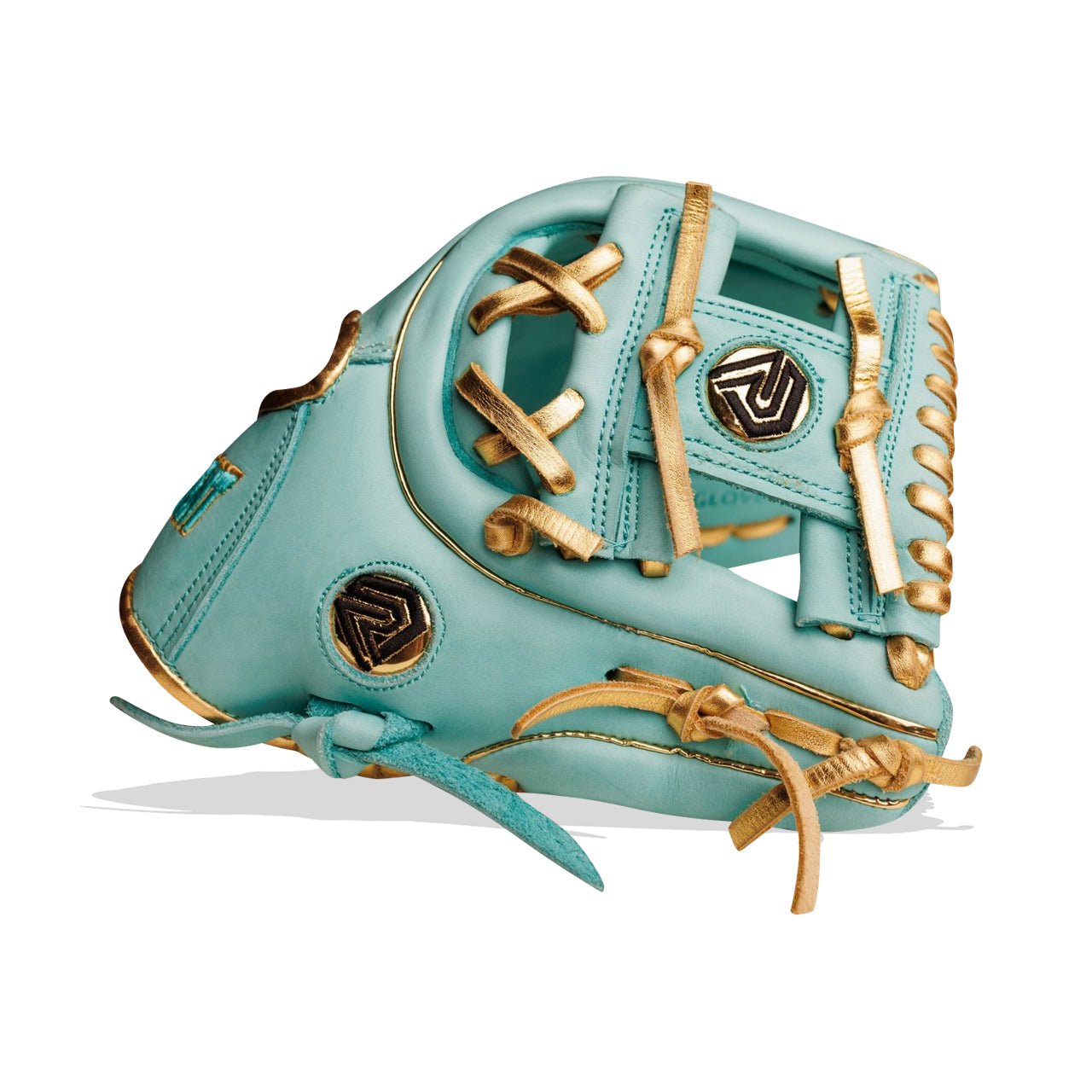 Mint and gold baseball glove with gold laces and trim, angled on a white background.