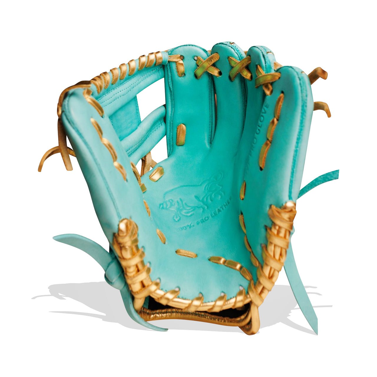 Mint green baseball glove with gold lacing, facing left.