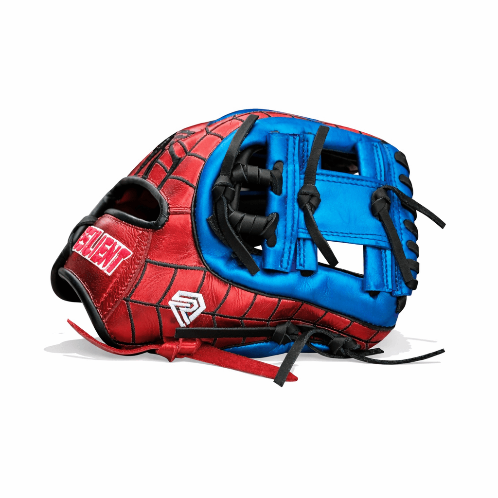 Red and blue baseball glove with black webbing, spiderweb pattern, and "RELIC MXT" on the wrist.