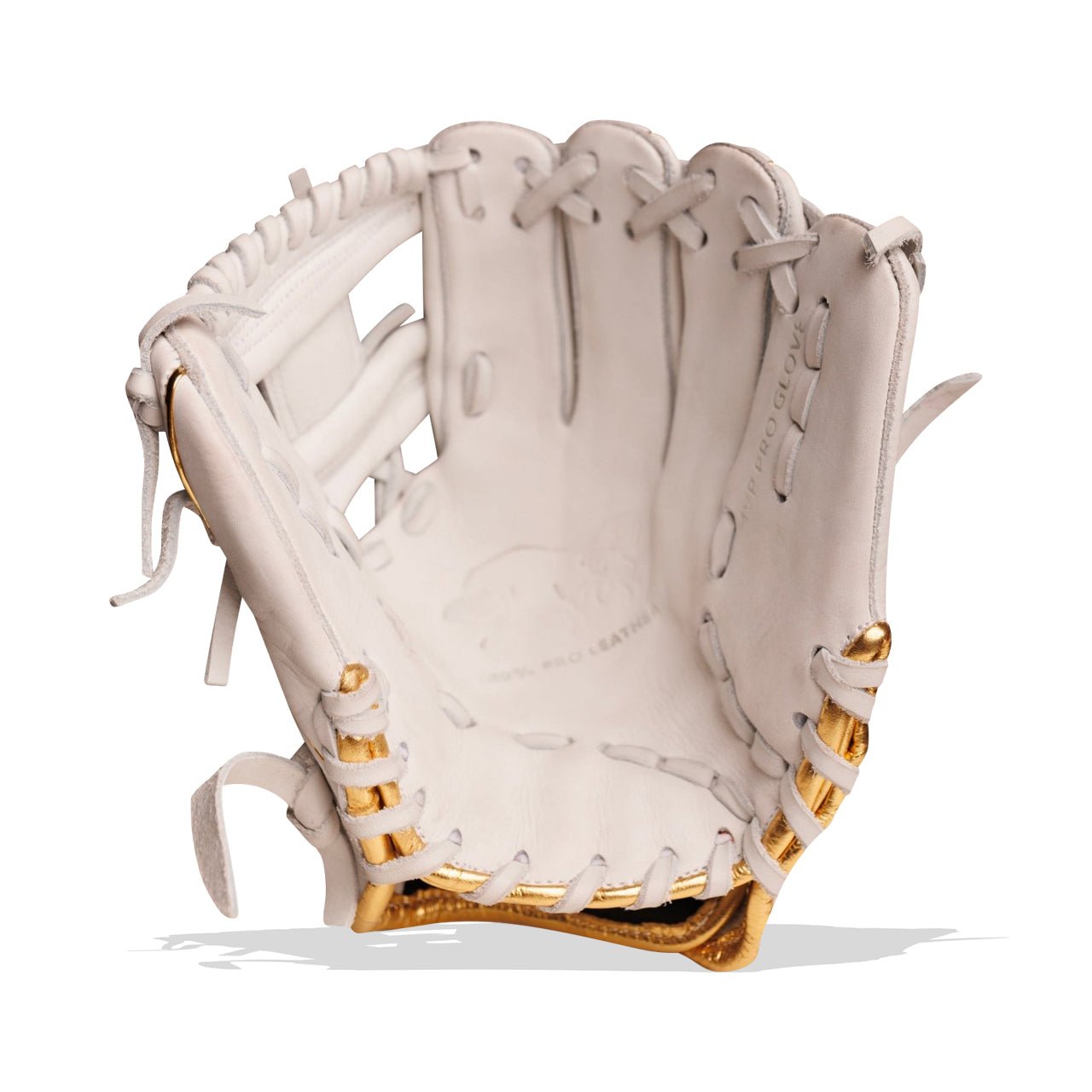 White leather baseball glove with gold trim and lacing, viewed from the front.
