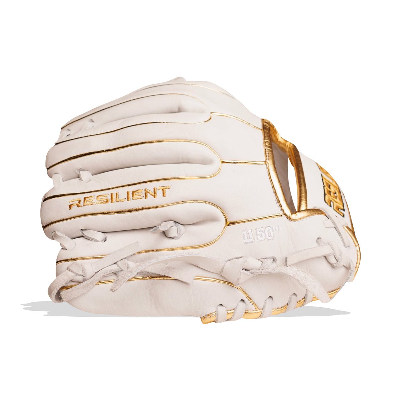White baseball glove with gold trim and "RESILIENT" text, angled left on a white background.