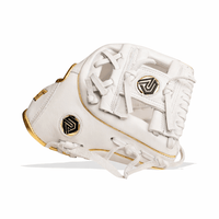 Thumbnail for White and gold baseball glove with black and gold logos, angled on a white background.
