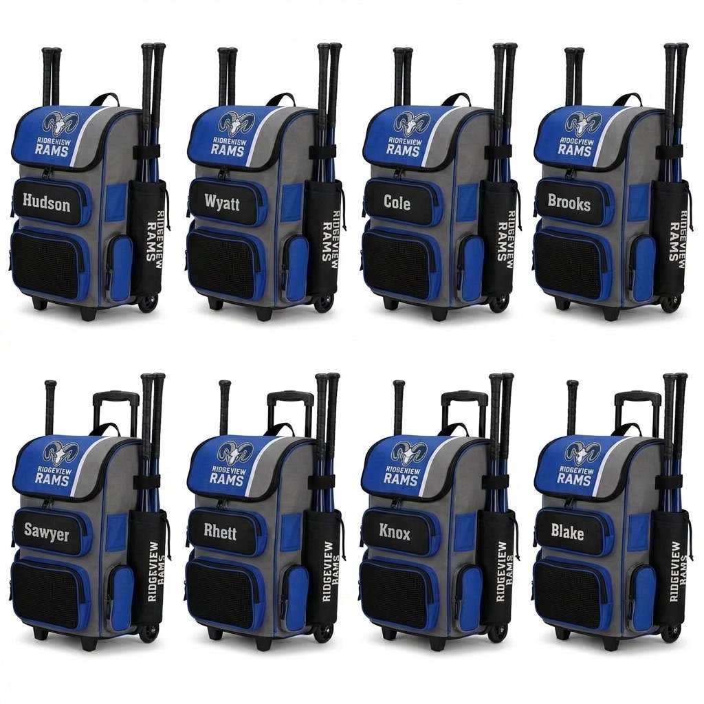 Eight Ridgeview Rams custom baseball bat backpacks, each personalized with a player name