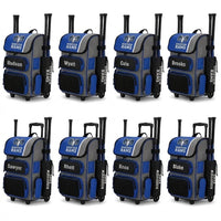 Thumbnail for Eight Ridgeview Rams custom baseball bat backpacks, each personalized with a player name