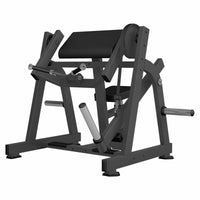 Thumbnail for Dark grey plate-loaded biceps curl machine with black padded armrest and seat, on a white background.