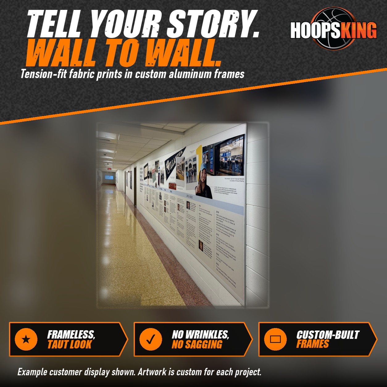 Long fabric timeline display with photos and a Villanova pennant graphic mounted along a school hallway wall