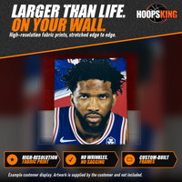 Thumbnail for Silicone edge fabric display printed with a large portrait of a basketball player in a blue jersey, mounted on a red and gray gym wall