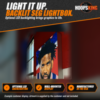 Thumbnail for Side view of a deep silicone edge lightbox on a gym wall showing a printed basketball player portrait in a blue jersey