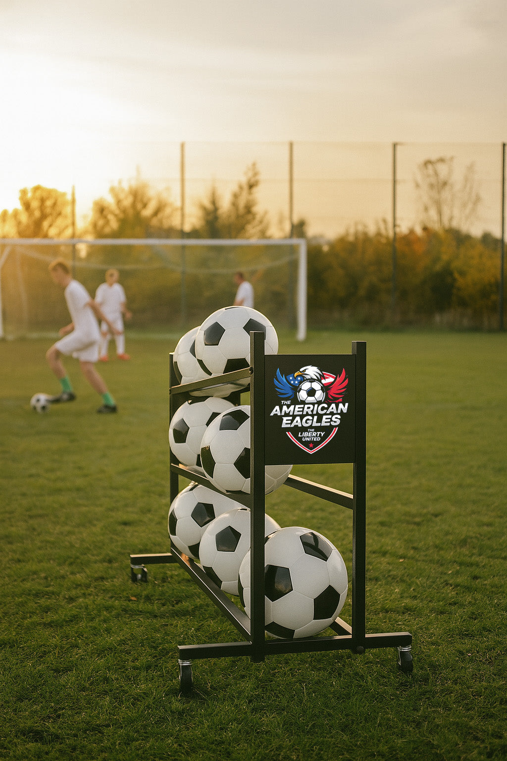 Black custom ball rack with "American Eagles" logo, holding soccer balls on a green field at sunset.