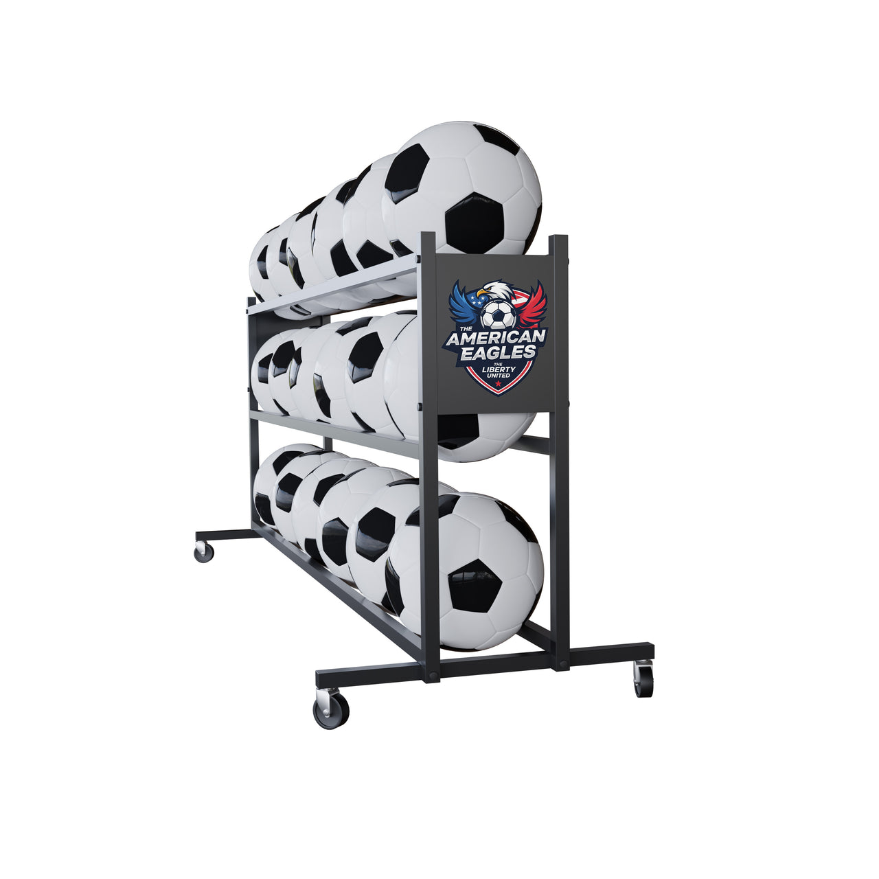 Black 3-tier rolling ball rack with "American Eagles" logo, holding 18 white and black soccer balls.