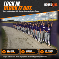Thumbnail for Softball team in purple shirts lined up against a purple outfield fence windscreen below a yellow fence top