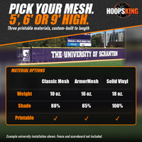 Thumbnail for Material chart for softball windscreens below a purple outfield windscreen printed The University of Scranton
