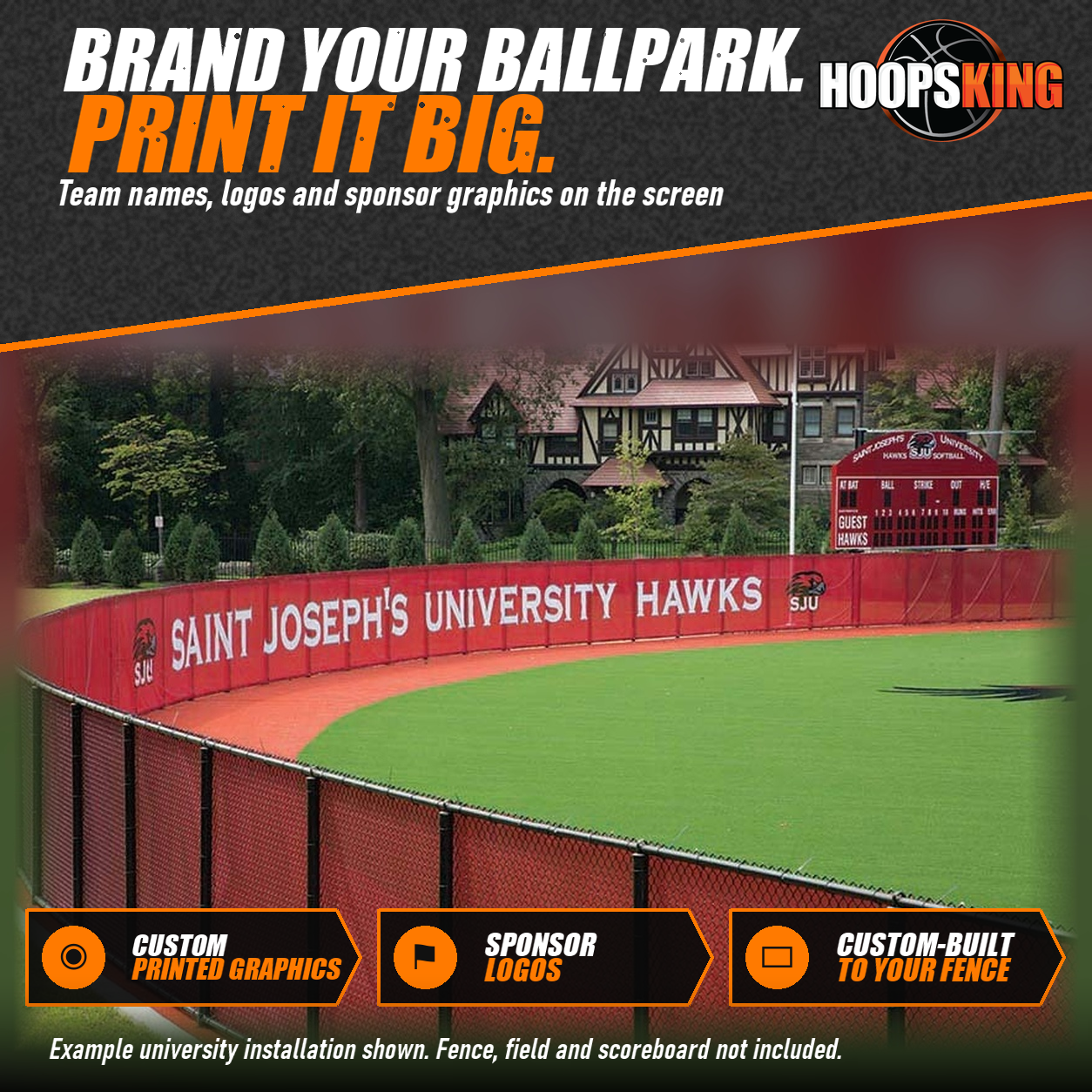 Red outfield windscreen printed with Saint Joseph's University Hawks and SJU logos around a softball field