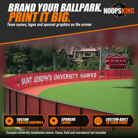Thumbnail for Red outfield windscreen printed with Saint Joseph's University Hawks and SJU logos around a softball field