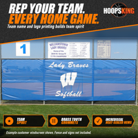 Thumbnail for Blue softball windscreen printed with Lady Braves, a white W logo and Softball on a chain-link fence