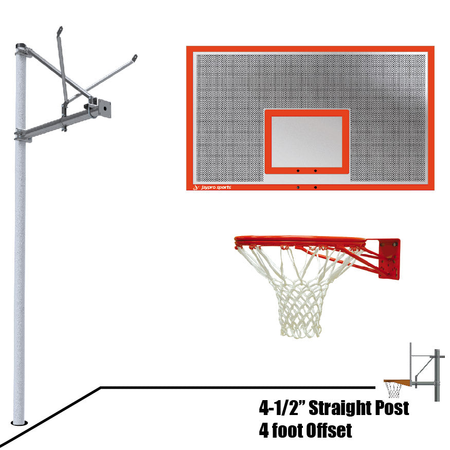 Basketball System - Straight Post (4-1/2 in. Pole with 4 ft. Offset) - 72 in. Perforated Aluminum Backboard - Double Rim