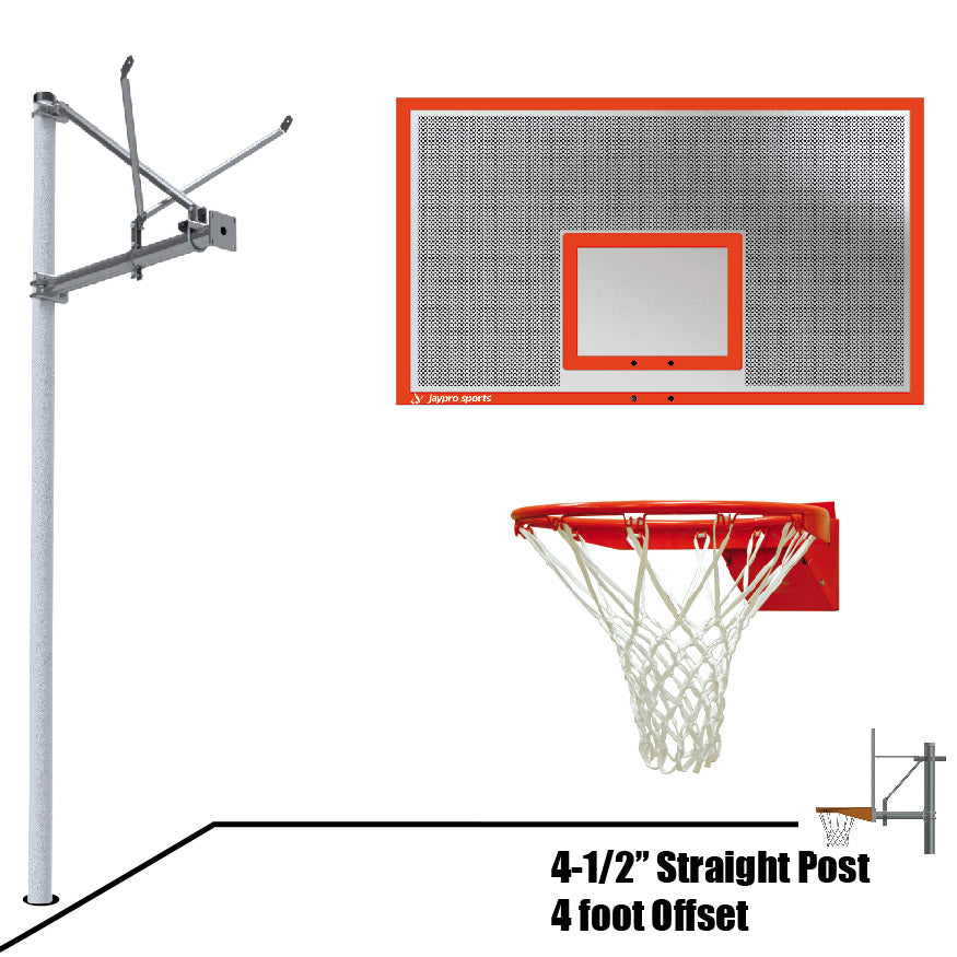 Basketball System - Straight Post (4-1/2 in. Pole with 4 ft. Offset) - 72 in. Perforated Aluminum Backboard - Flex Rim Goal