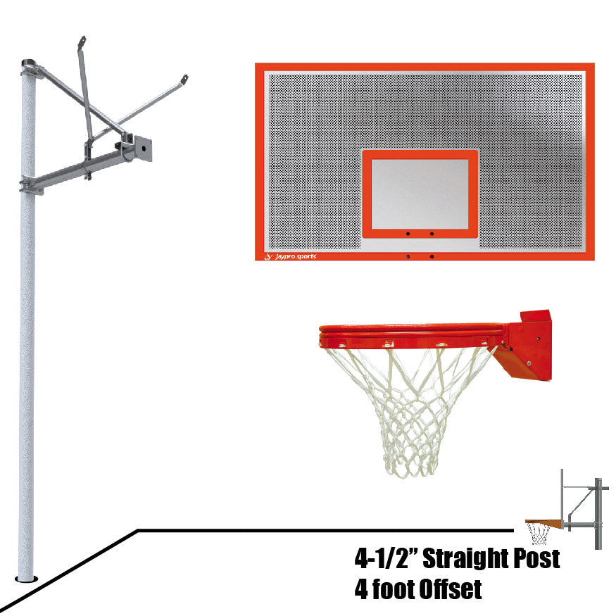 Basketball System - Straight Post (4-1/2 in. Pole with 4 ft. Offset) - 72 in. Perforated Aluminum Backboard - Playground Breakaway Goal