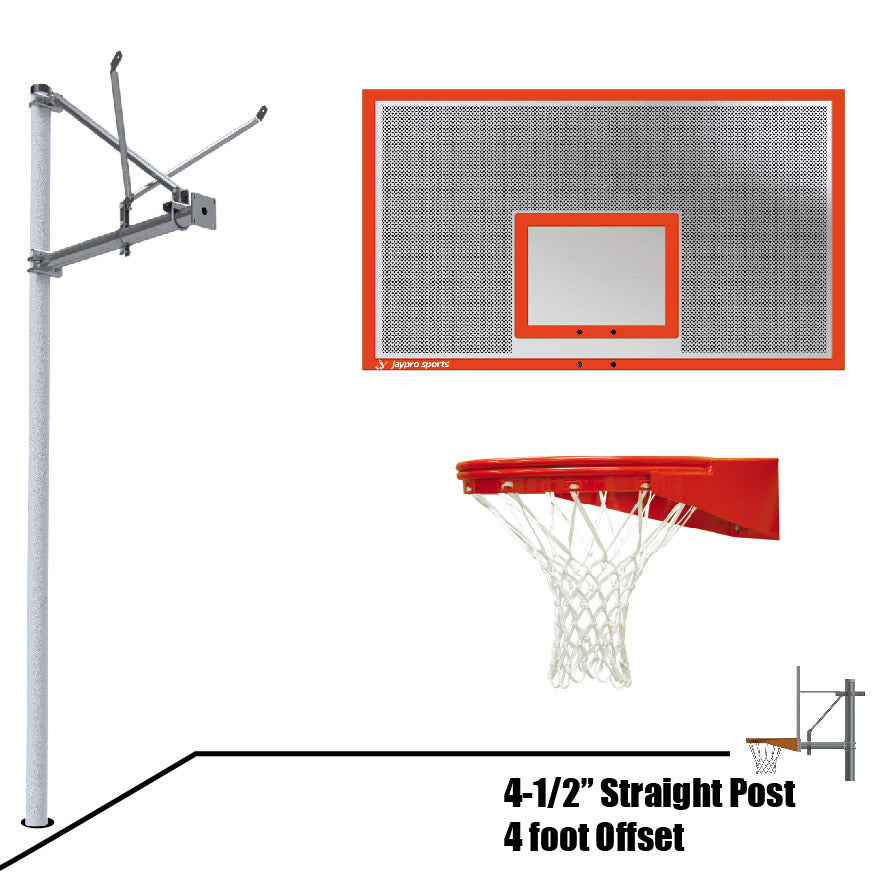 Basketball System - Straight Post (4-1/2 in. Pole with 4 ft. Offset) - 72 in. Perforated Aluminum Backboard - Playground Goal