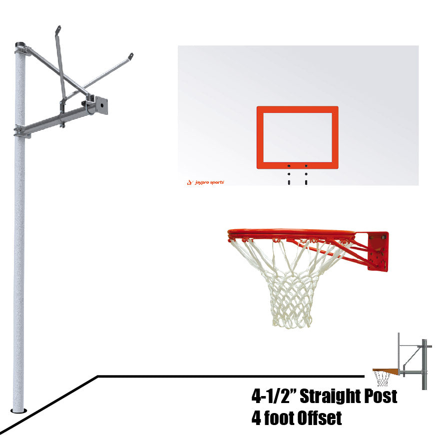 Basketball System - Straight Post (4-1/2 in. Pole with 4 ft. Offset) - 72 in. Steel Backboard - Double Rim