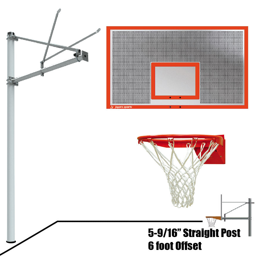 Basketball System - Straight Post (5-9/16 in. Pole with 6 ft. Offset) - 72 in. Perforated Aluminum Backboard - Flex Rim Goal