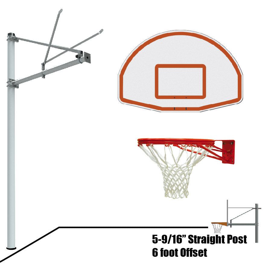 Basketball System - Straight Post (5-9/16 in. Pole with 6 ft. Offset) - 54 in. Aluminum Fan Backboard - Double Rim