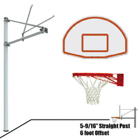 Thumbnail for Basketball System - Straight Post (5-9/16 in. Pole with 6 ft. Offset) - 54 in. Aluminum Fan Backboard - Double Rim