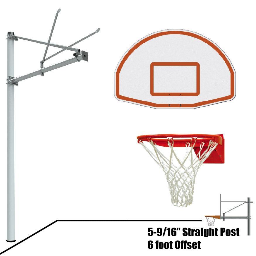 Basketball System - Straight Post (5-9/16 in. Pole with 6 ft. Offset) - 54 in. Aluminum Fan Backboard - Flex Rim Goal