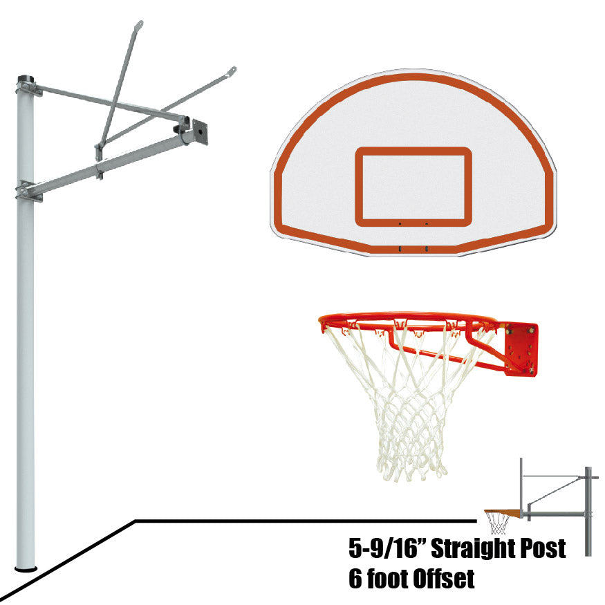 Basketball System - Straight Post (5-9/16 in. Pole with 6 ft. Offset) - 54 in. Aluminum Fan Backboard - Super Goal