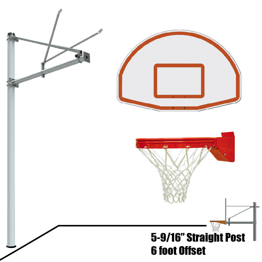 Basketball System - Straight Post (5-9/16 in. Pole with 6 ft. Offset) - 54 in. Aluminum Fan Backboard - Playground Breakaway Goal