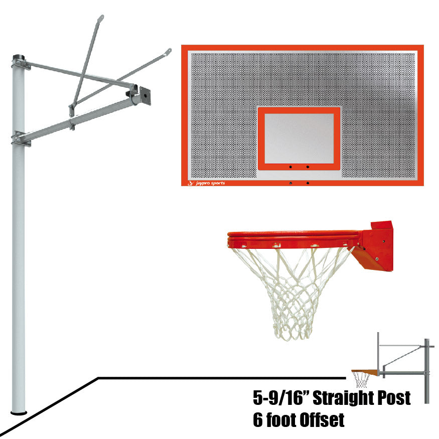 Basketball System - Straight Post (5-9/16 in. Pole with 6 ft. Offset) - 72 in. Perforated Steel Backboard - Playground Breakaway Goal