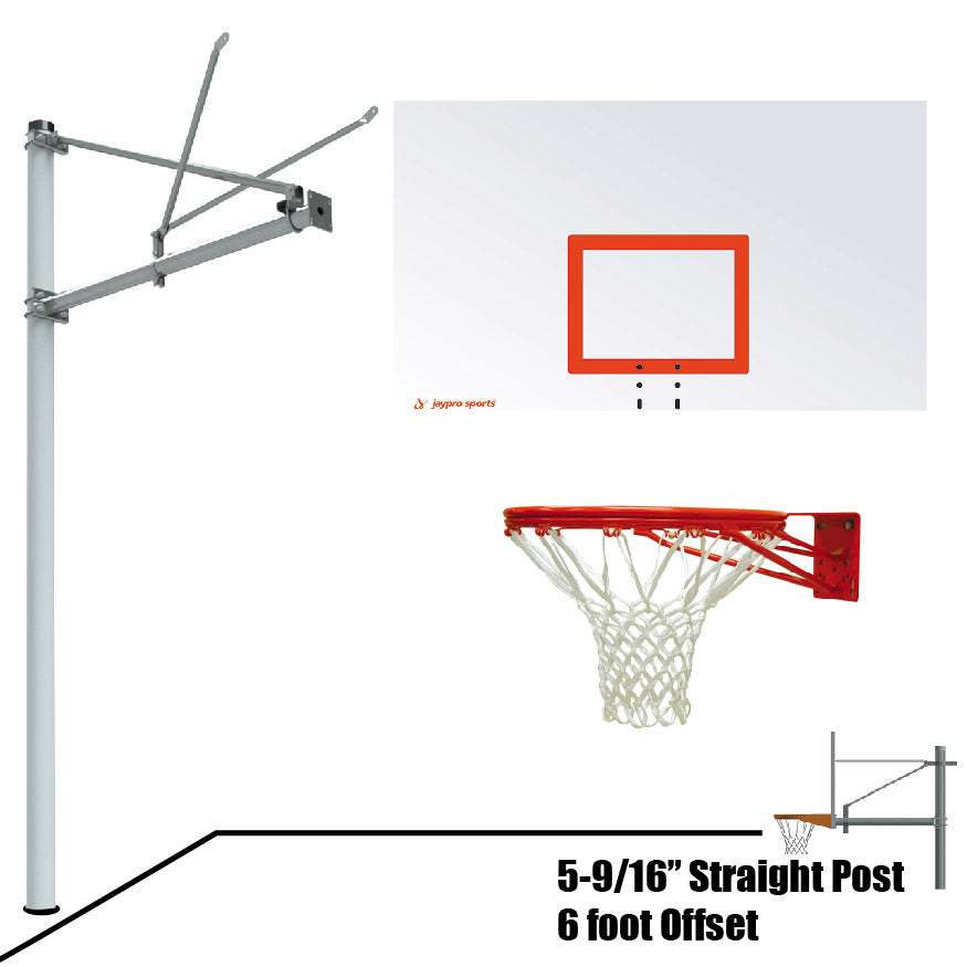 Basketball System - Straight Post (5-9/16 in. Pole with 6 ft. Offset) - 72 in. Steel Backboard - Double Rim