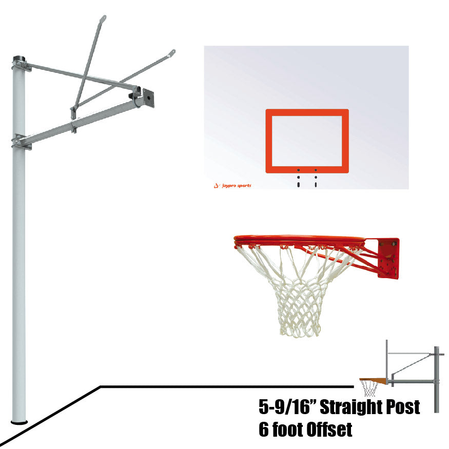 Basketball System - Straight Post (5-9/16 in. Pole with 6 ft. Offset) - 60 in. Steel Backboard - Double Rim