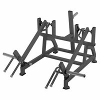 Thumbnail for Gray plate-loaded squat and shrug machine with weight storage pegs.