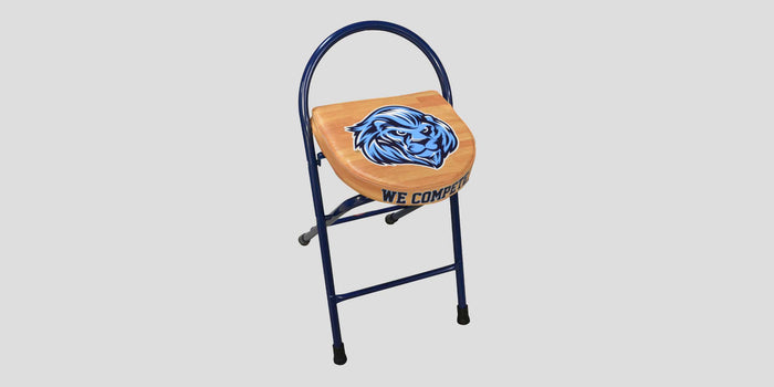 Folding stool with blue frame and light wood seat featuring a blue lion head logo and "WE COMPETE".