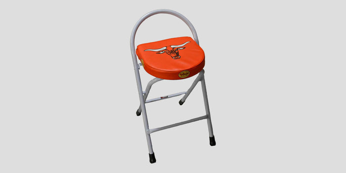 Orange folding stool with a white longhorn logo on the seat and a gray frame.