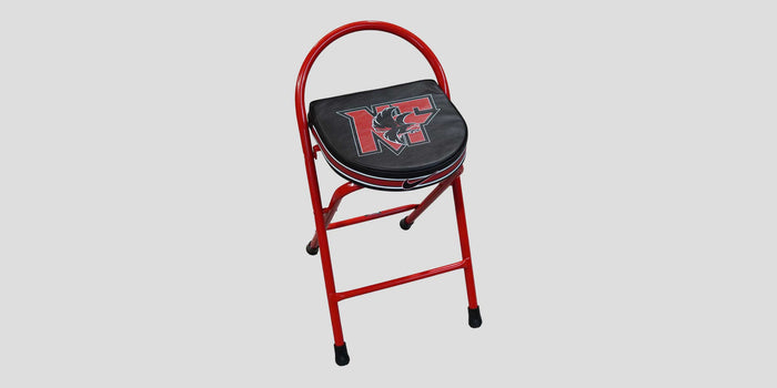 Red folding stool with black padded seat featuring a red and black "NT" logo.