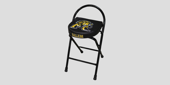 Black folding stool with a yellow and black tiger logo and "SALEM" printed on the seat.