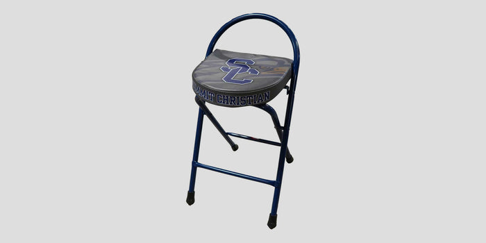 Blue folding stool with a gray seat featuring a blue "SC" logo and "SAINT CHRISTIAN" text.